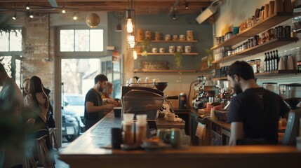 The hustle of a busy coffee shop with patrons enjoying their drinks and baristas crafting coffee, creating a lively community space. Resplendent