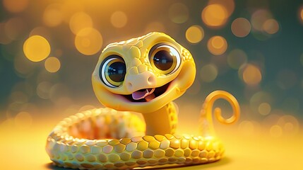 Beautiful cartoon friendly snake with colorful scales on an abstract background with bokeh and highlights