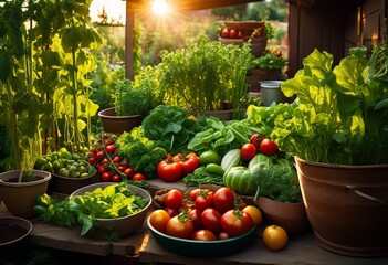 abundant fresh vegetables herbs from home kitchen garden, organic, ripe, vibrant, colorful, variety, assortment, green, red, yellow, purple, orange
