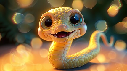 Beautiful cartoon friendly snake with colorful scales on an abstract background with bokeh and highlights