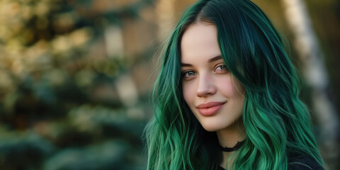 Naklejka premium Portrait of a smiling Woman with long green hair