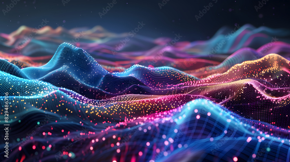 Wall mural multicolor glowing data over abstract digital landscape