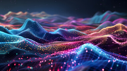 Multicolor glowing data over abstract digital landscape