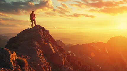 photo silhouette of a freespirited hiker on top of a mountain at golden sunset