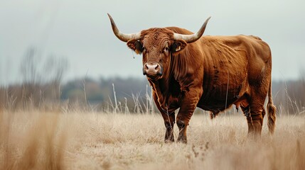 Portrait of a large beautiful bull, brown in color, standing in a field. Cattle. A huge bull is grazing in a pasture. Dangerous animal. The big brown bull stands and looks ahead