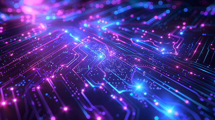 abstract background, telecommunications tech concept with blue lights, futuristic computing wire circuits, in the style of purple and blue