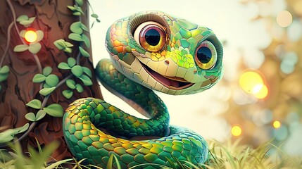 Fototapeta premium Beautiful cartoon friendly snake with colorful scales on an abstract background with bokeh and highlights