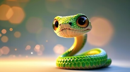 Fototapeta premium Beautiful cartoon friendly snake with colorful scales on an abstract background with bokeh and highlights