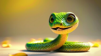 Fototapeta premium Beautiful cartoon friendly snake with colorful scales on an abstract background with bokeh and highlights
