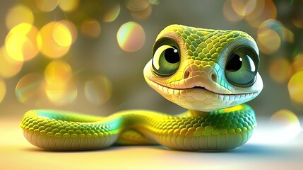 Fototapeta premium Beautiful cartoon friendly snake with colorful scales on an abstract background with bokeh and highlights