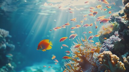 Naklejka premium Tropical sea underwater fishes on coral reef. Aquarium oceanarium wildlife colorful marine panorama landscape nature snorkeling diving