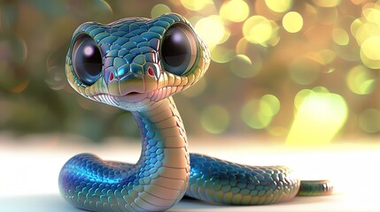 Fototapeta premium Beautiful cartoon friendly snake with colorful scales on an abstract background with bokeh and highlights