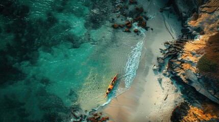 A serene aerial view of a wooden kayak floating in the clear waters near a sandy beach, with lush green trees creating a beautiful natural landscape AIG50 - Powered by Adobe