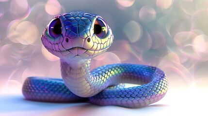 Fototapeta premium Beautiful cartoon friendly snake with colorful scales on an abstract background with bokeh and highlights