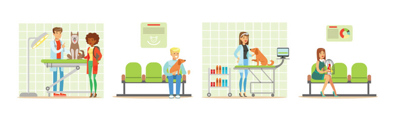 Veterinary Clinic with People Doctor and Pet Owner Vector Set