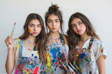 Three young female artists with paint-stained aprons, creatively looking into the camera