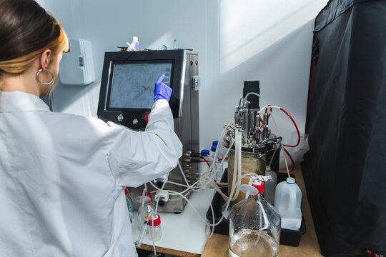 Scientist operating bioreactor making alternative fungal protein in laboratory
