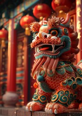 Fototapeta premium A close-up of a colorful and intricately detailed Chinese lion statue with a red background