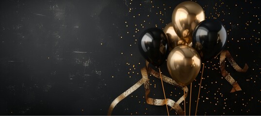 Naklejka premium Golden balloons on a black background