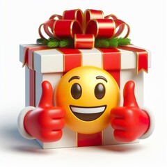 3D Christmas gift box emoji thumbs up on a white background