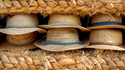  A pile of straw hats with straw hats stacked on top