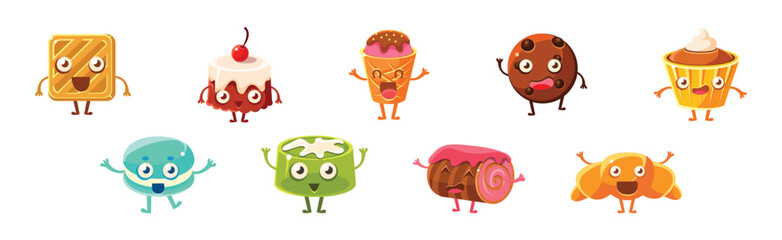 Funny Kawaii Pastry and Sweet Confection Character with Face and Arms Vector Set