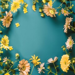 Obraz premium A creative arrangement of yellow and white flowers forming an elegant frame on a teal backdrop. Contrast of vibrant blooms against the cool hue creates an inviting space for text or design elements.