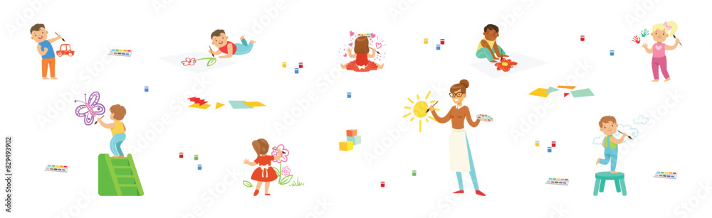 Sticker happy kid painter drawing with color enjoy recreation vector set