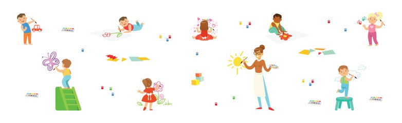 Happy Kid Painter Drawing with Color Enjoy Recreation Vector Set