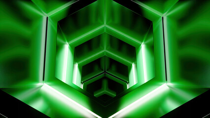 3D animation of a science fiction industrial alien architecture interior. Design. Neon interior of an alien space ship.