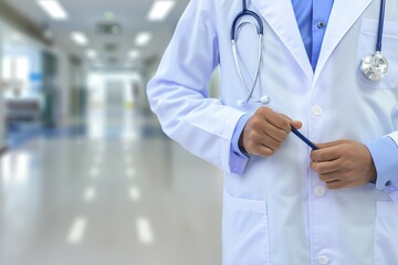 Doctor in uniform holding stethoscope and crossed arms. Hospital or clinic background and copy space