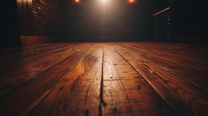  A dark room features a wooden floor illuminated by light, composed of interconnected planks