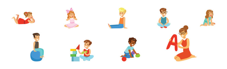 Happy Children Sit on the Floor Playing in the Nursery Vector Set