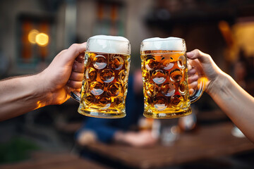 Generative ai on theme of foamy German beer in large glass mug for celebration holiday Oktoberfest