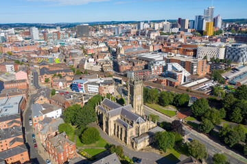 Aerial photo of the Leeds City Centre in West Yorkshire in the UK showing the east side of the city...