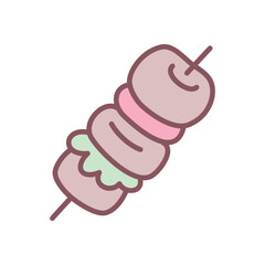 Cute barbeque icon. Hand drawn illustration of a kebab grilled on a skewer isolated on a white background. Vector 10 EPS.