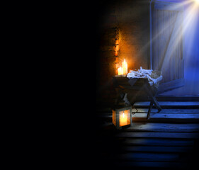 Manger with straw. christmas background