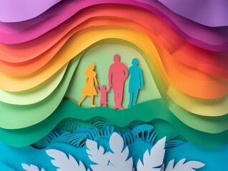 Delicate paper cut designs showcasing love bonding LGBTQ family under rainbow layers