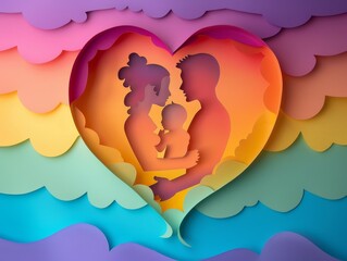 Heartwarming paper cut design LGBTQ parents baby vibrant rainbow colors clouds