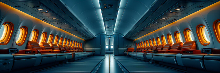 Seats in a modern empty airplane,
Arafed view of a long empty passenger jet with windows