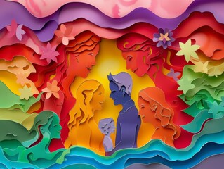 Colorful paper cut family scene LGBTQ parents child surrounded by vibrant elements