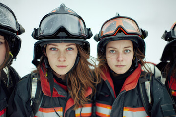 Three young female firefighters in uniform, looking bravely into the camera