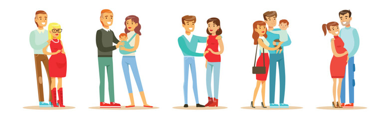 Young Family Couple with Baby and Infant Kid Vector Set