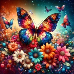 Among the beautiful flowers of a field is a colorful butterfly.