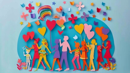 Paper cutting artwork Pride parade LGBTQ community holding heart balloons colorful