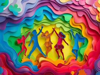 Joyful paper cut design LGBTQ people dancing vibrant rainbow waves