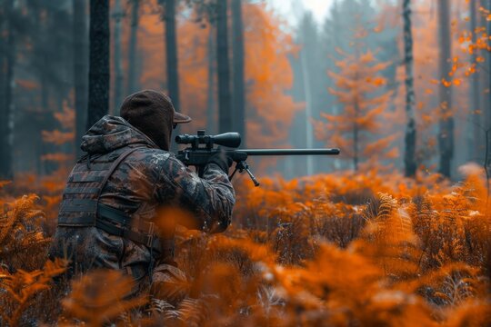 Male hunter with a gun in the forest in autumn