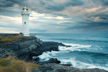 Generative ai on theme of large retro lighthouse with beam of bright light shining out to blue sea