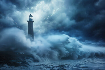 Fototapeta premium Generative ai on theme of large retro lighthouse with beam of bright light shining out to blue sea