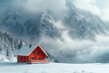 Red house among mountains and forest, winter snowy landscape - Powered by Adobe